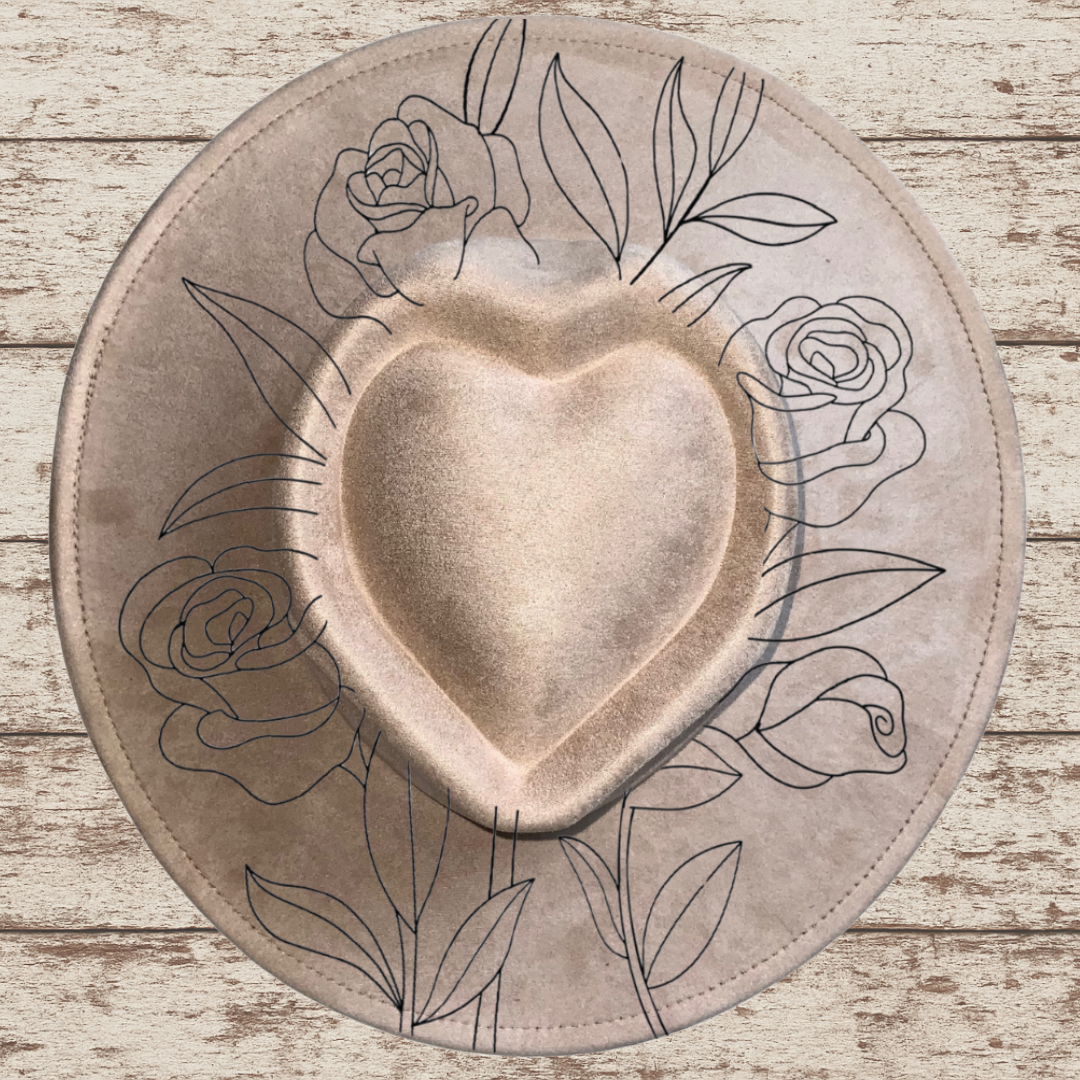 Laser Burned Wide Heart Brim Hat - Roses