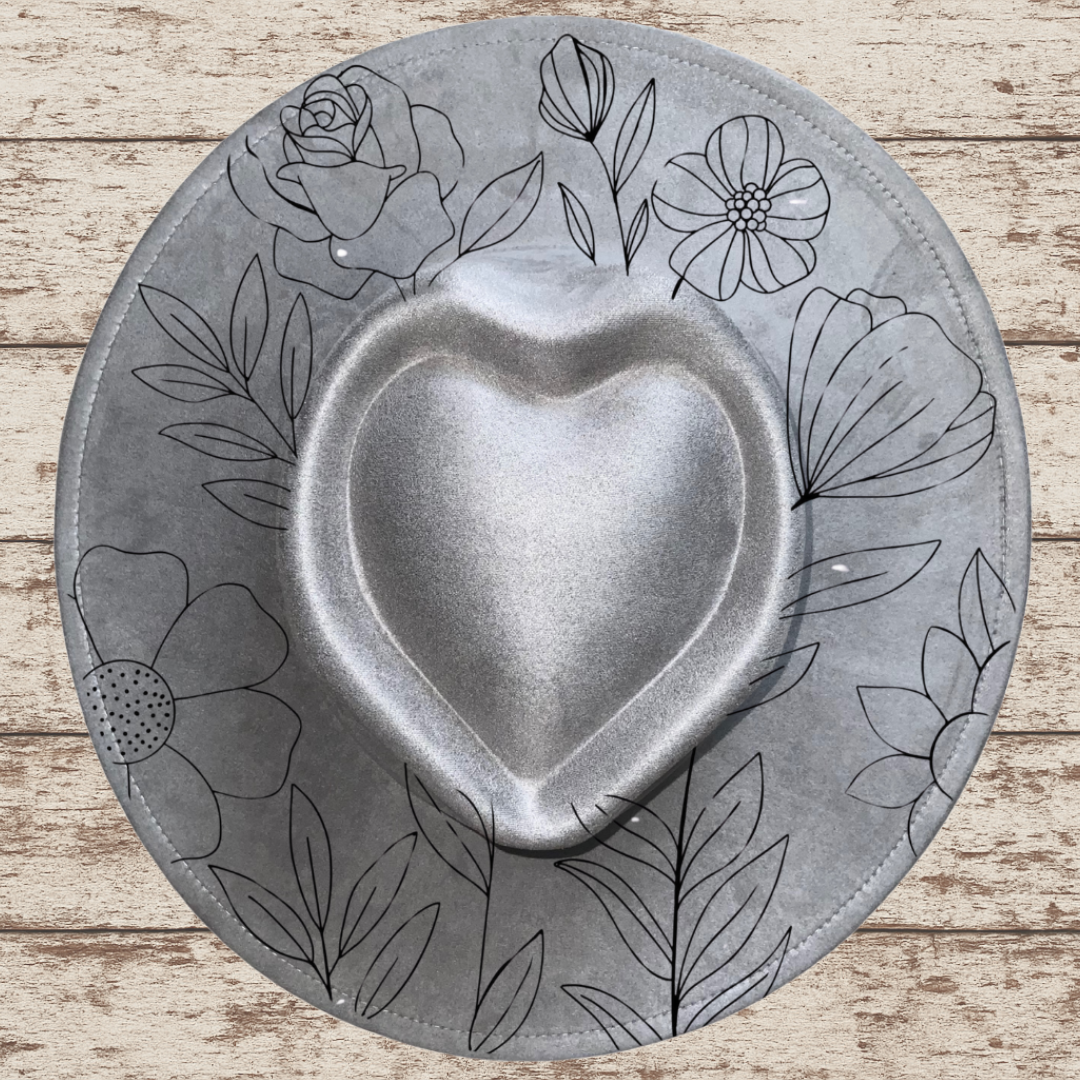 Laser Burned Wide Heart Brim Hat - Wildflowers