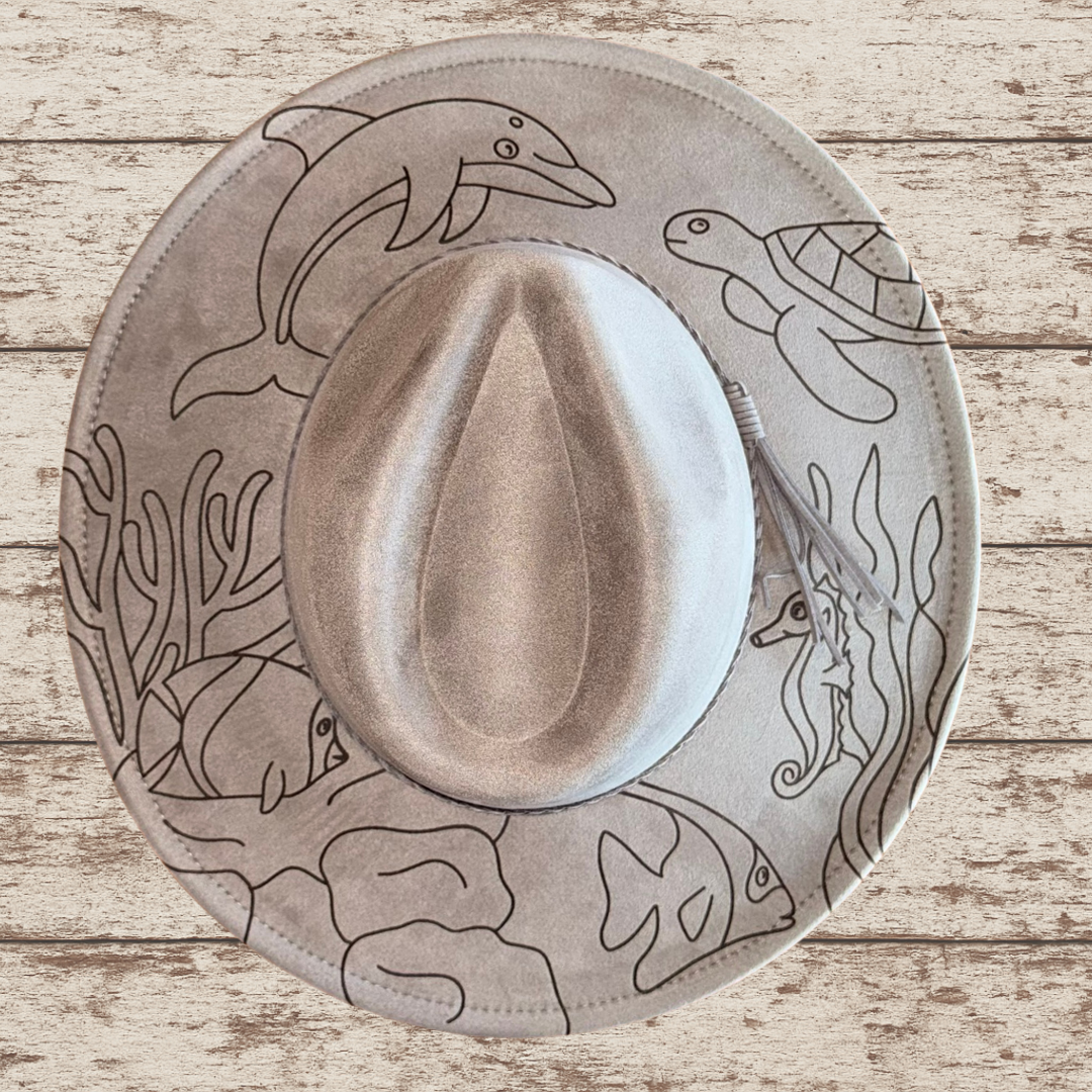 Laser Burned Wide Brim Hat - Ocean Critters