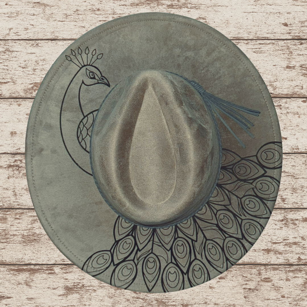 Laser Burned Wide Brim Hat - Peacock