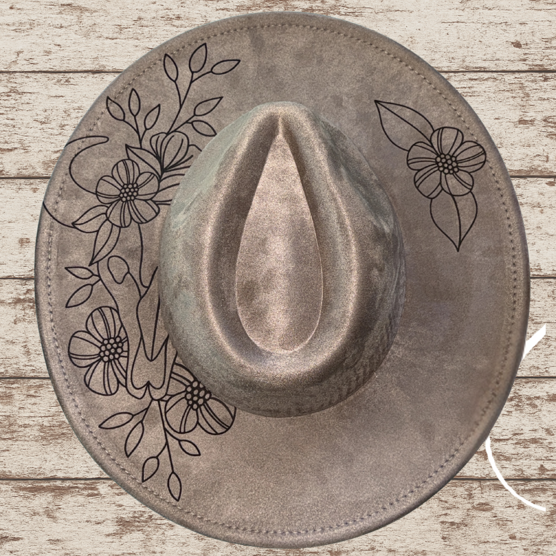 Laser Burned Wide Brim Hat - Steer Skull