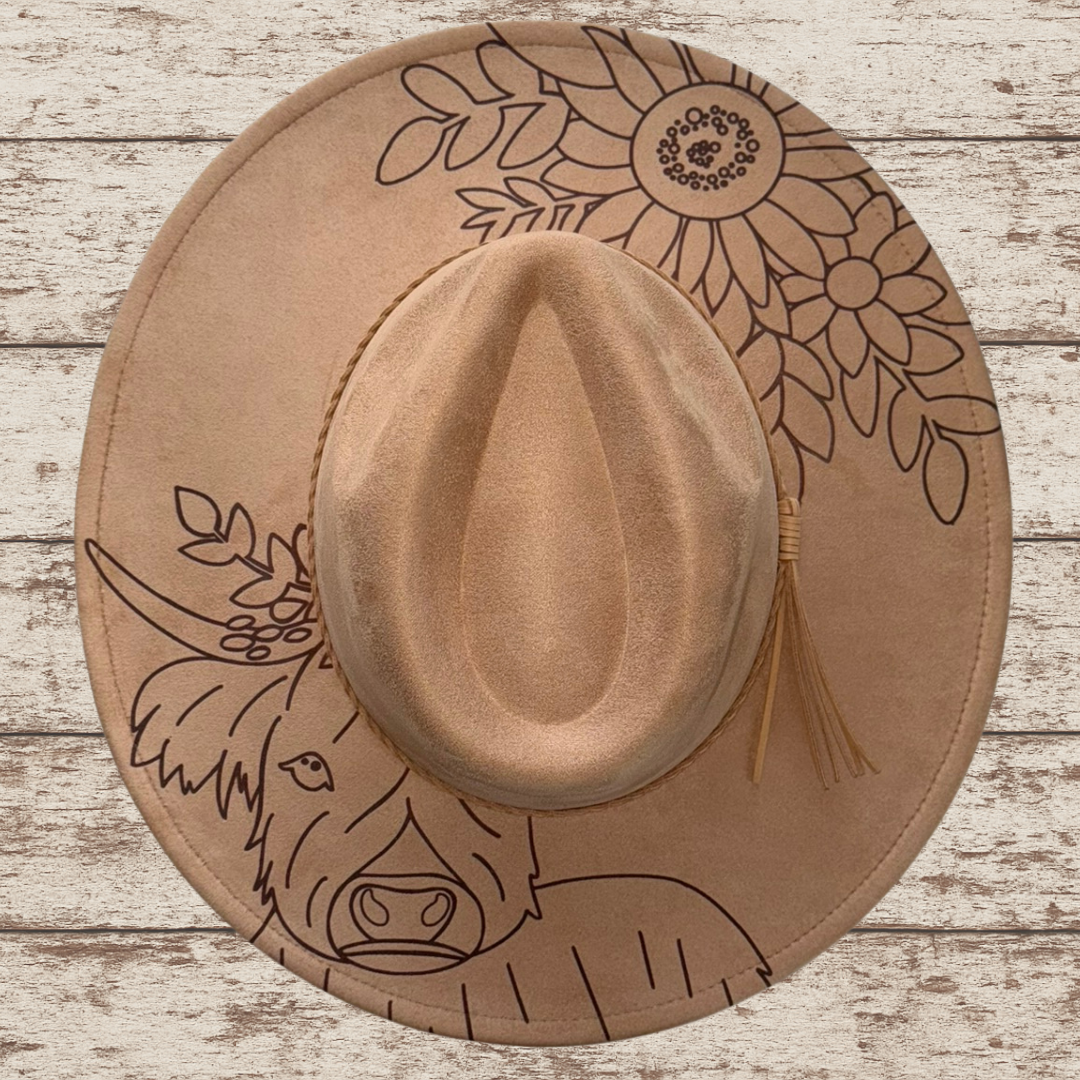 Laser Burned Wide Brim Hat - Honey Highlander