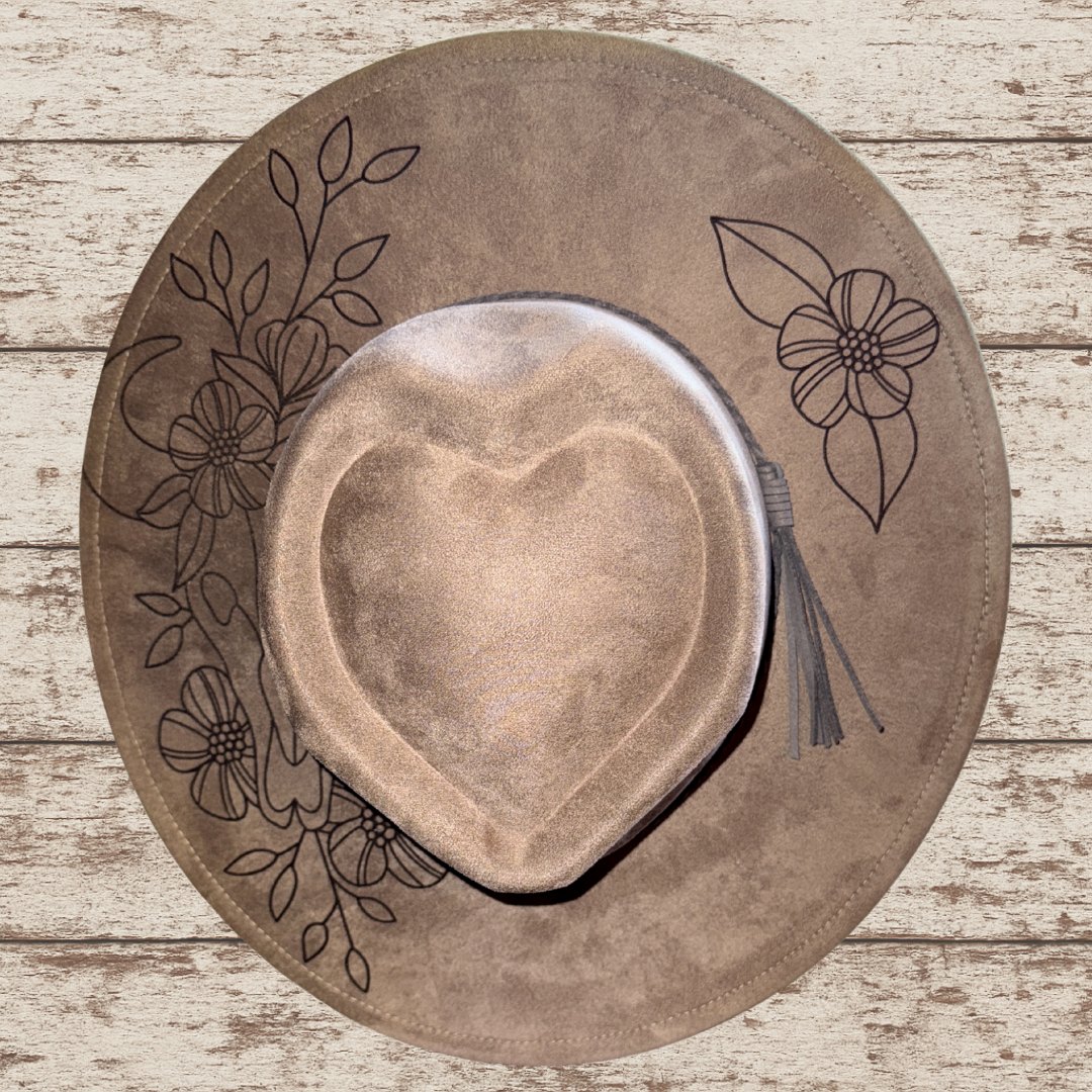 Laser Burned Wide Heart Brim Hat - Steer Skull