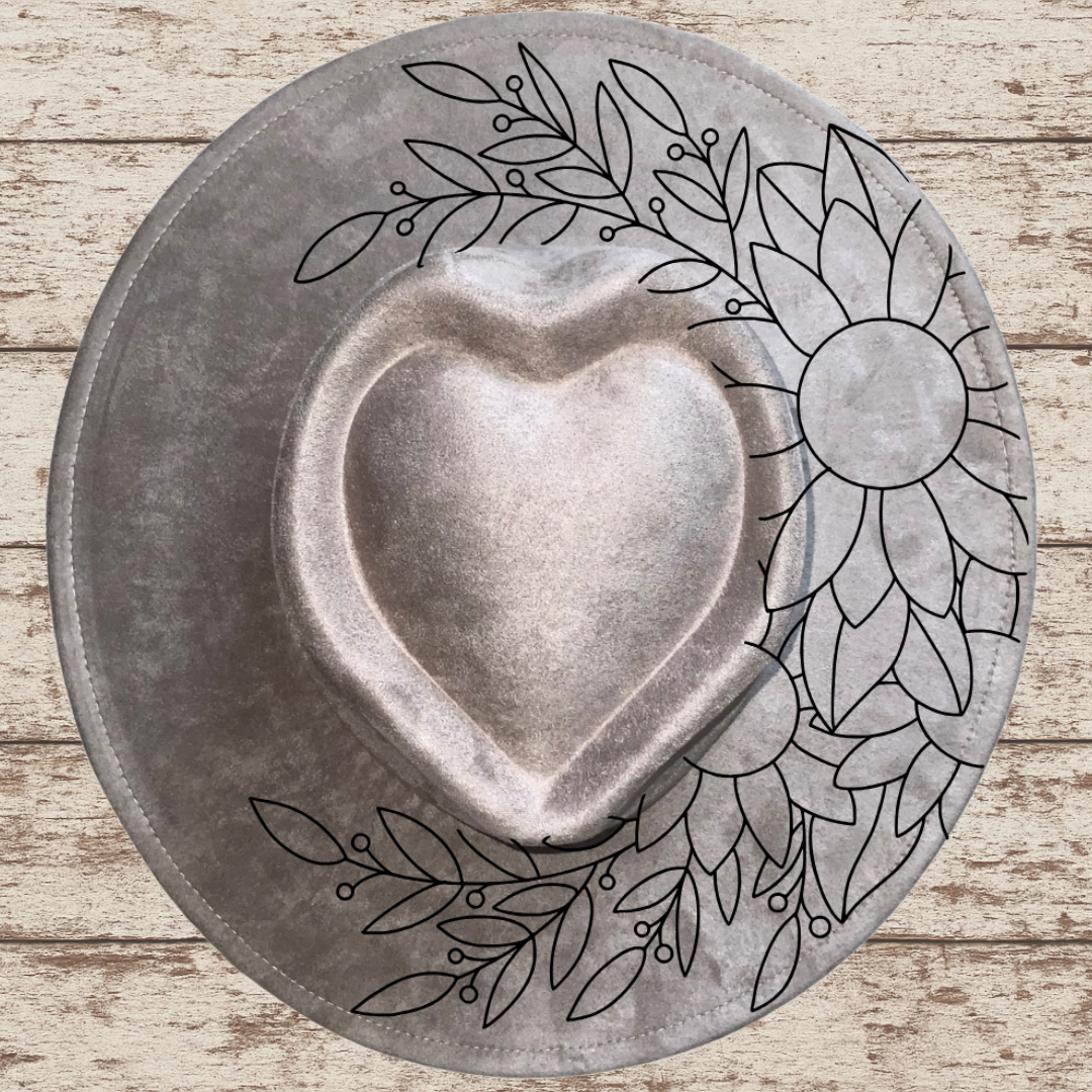 Laser Burned Wide Heart Brim Hat - Sunflowers