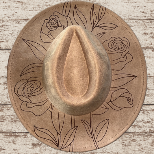 Laser Burned Wide Brim Hat - Roses