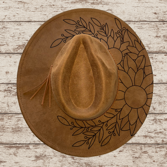 Laser Burned Wide Brim Hat - Sunflowers