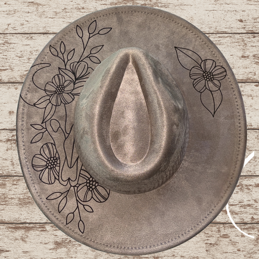 Laser Burned Wide Brim Hat - Steer Skull
