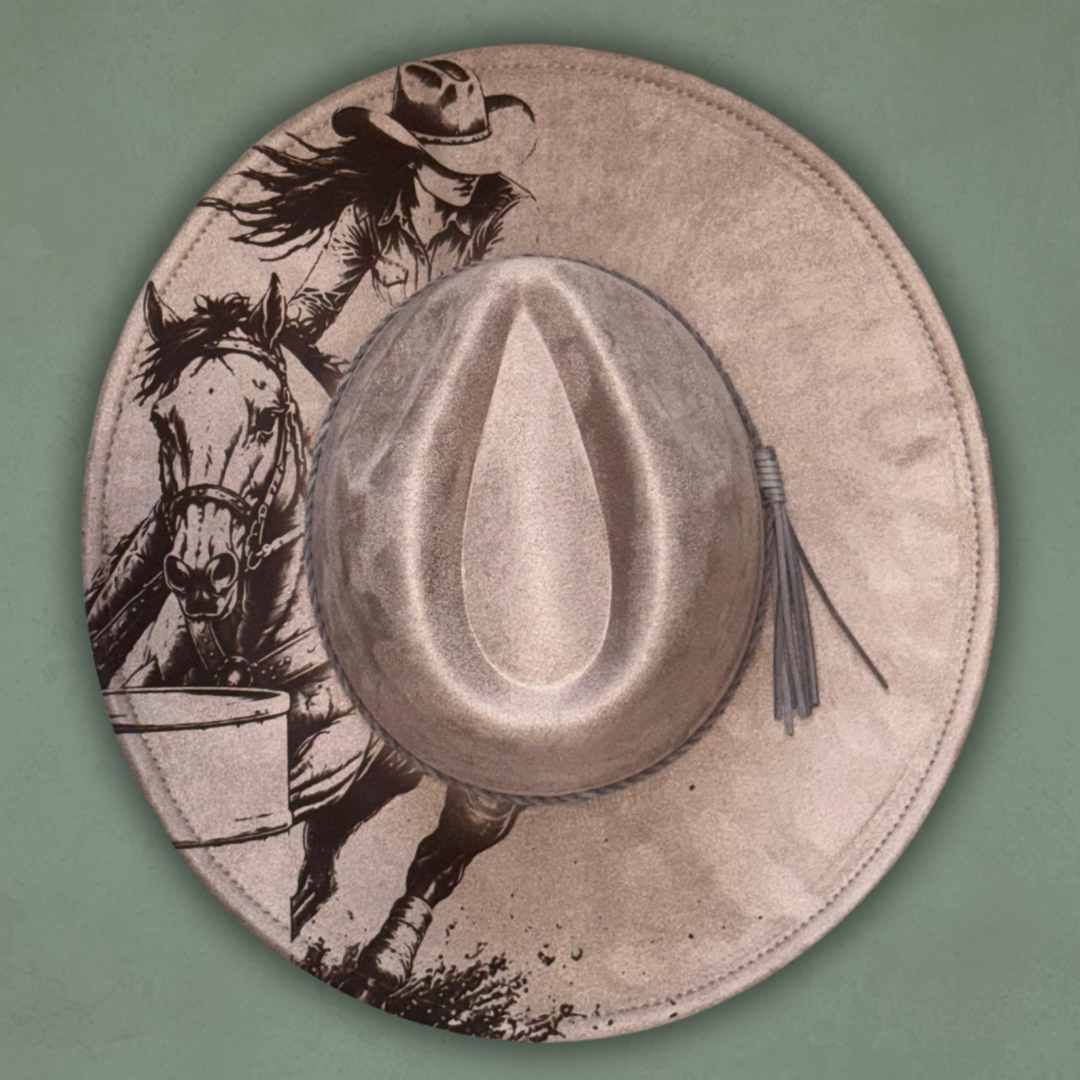 Laser Burned Wide Brim Hat - Barrel Racer