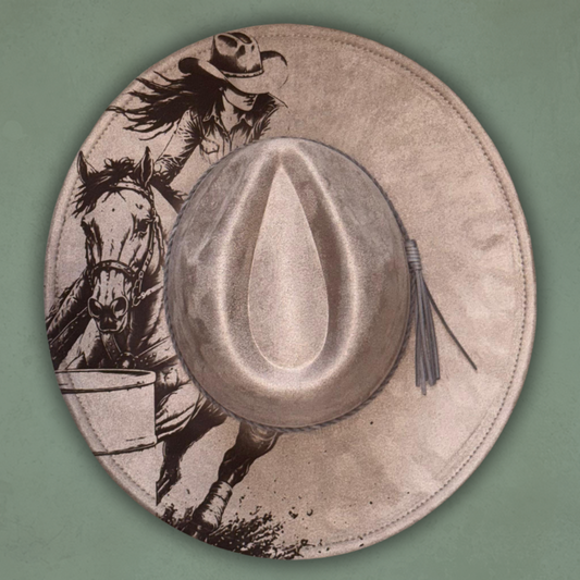 Laser Burned Wide Brim Hat - Barrel Racer