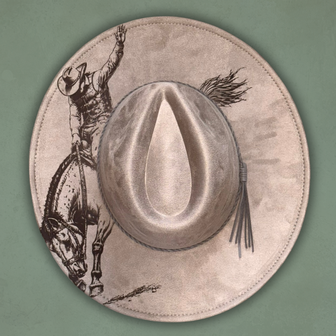 Laser Burned Wide Brim Hat - Bronc Rider