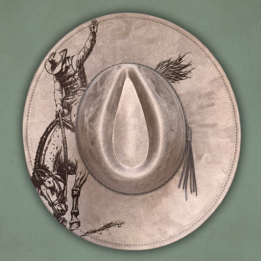 Laser Burned Wide Brim Hat - Bronc Rider