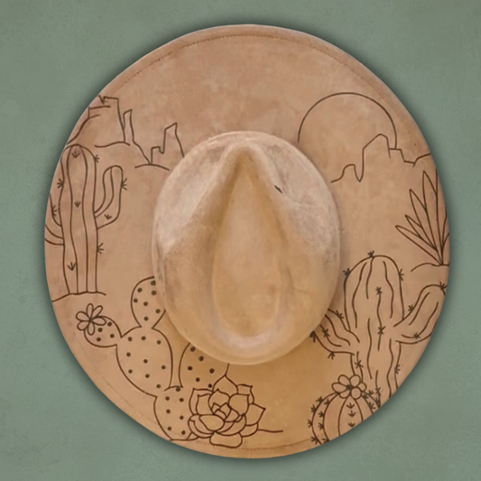 Laser Burned Wide Brim Hat - Cactus Sunset
