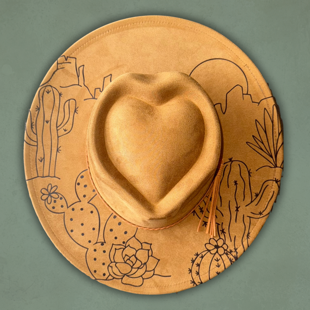 Laser Burned Wide Brim Heart Hat - Cactus Sunset