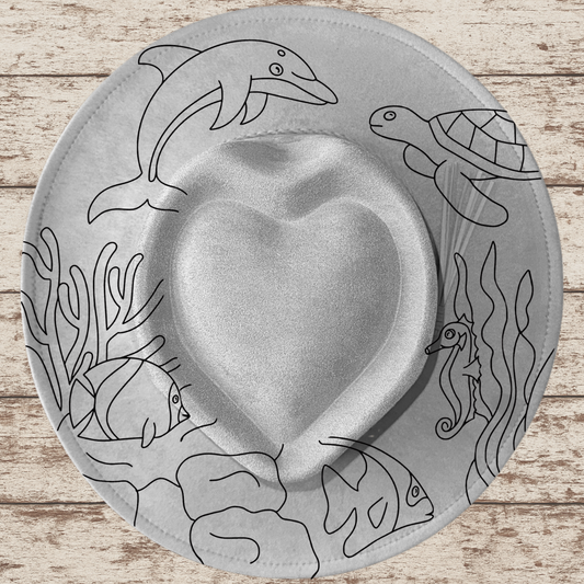 Laser Burned Wide Heart Brim Hat -Ocean Critters