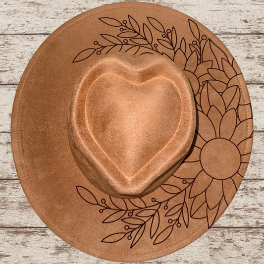 Laser Burned Wide Brim Heart Crown Hat - Sunflowers