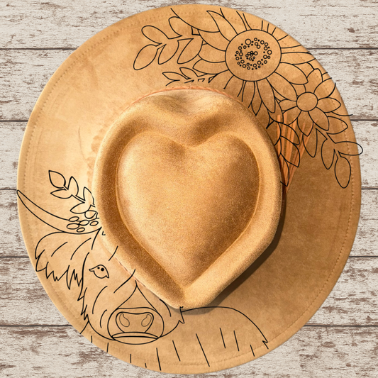 Laser Burned Wide Brim Heart Hat - Honey Highlander