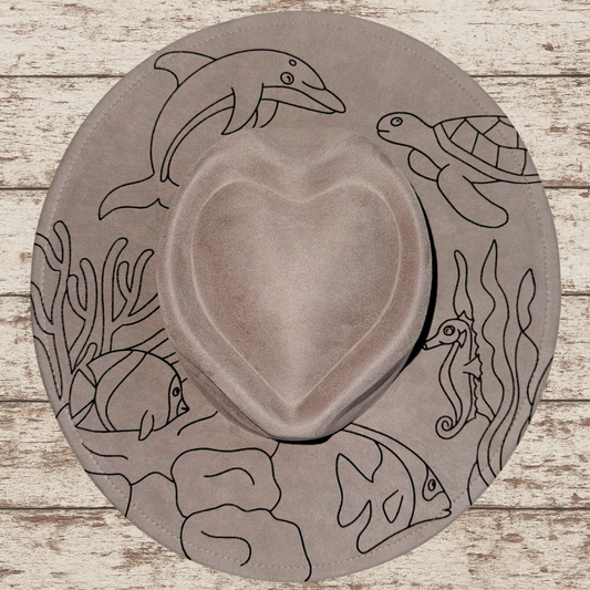 Laser Burned Wide Heart Brim Hat -Ocean Critters