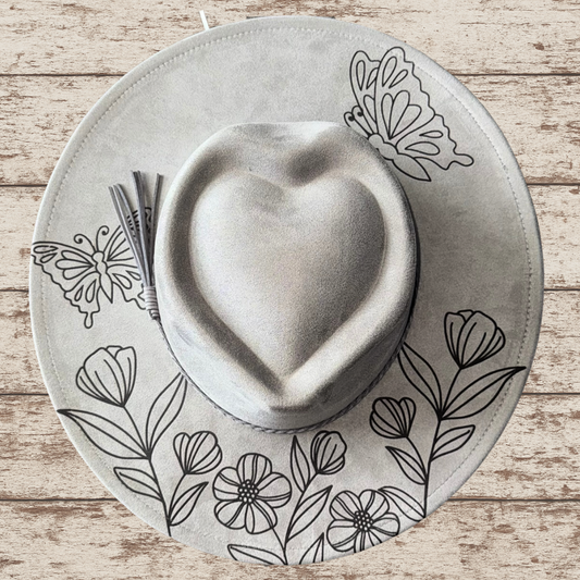 Laser Burned Wide Brim Heart Hat -Butterflies & Flowers