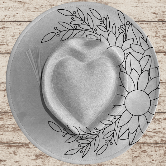 Laser Burned Wide Heart Brim Hat - Sunflowers