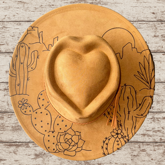 Laser Burned Wide Brim Heart Hat - Cactus Sunset