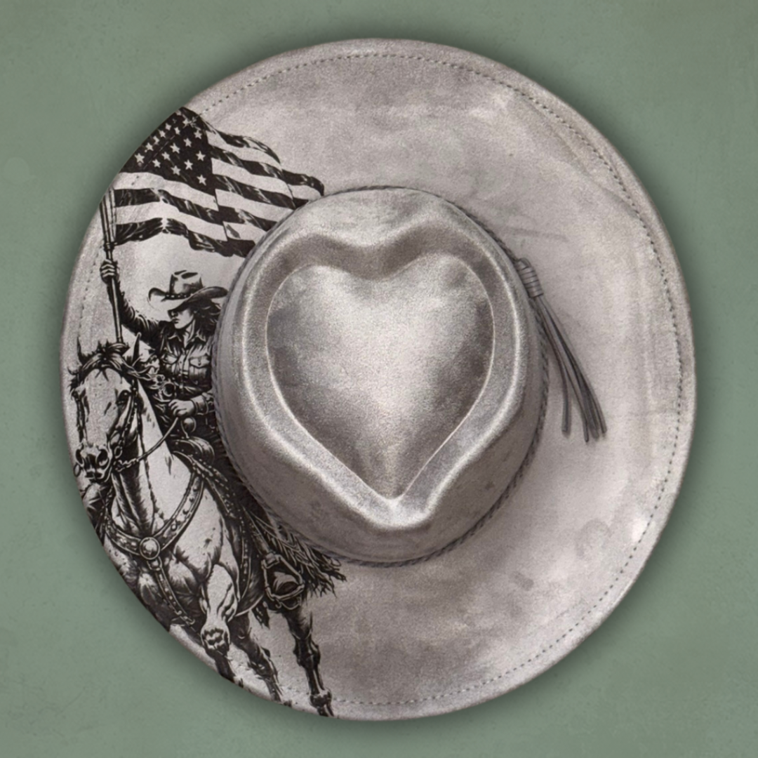 Laser Burned Wide Brim Heart Hat - American Pride