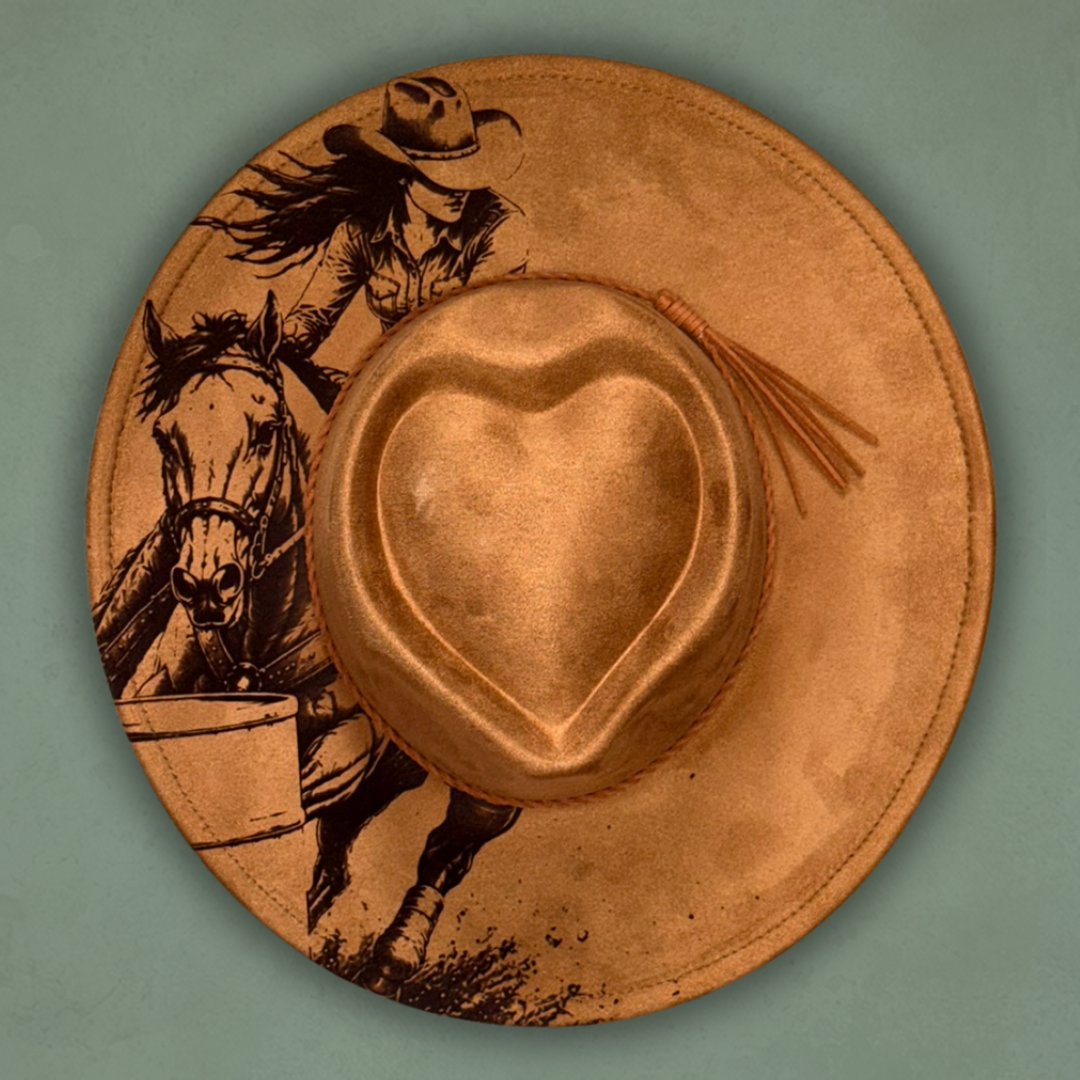 Laser Burned Wide Brim Heart Hat - Barrel Racer