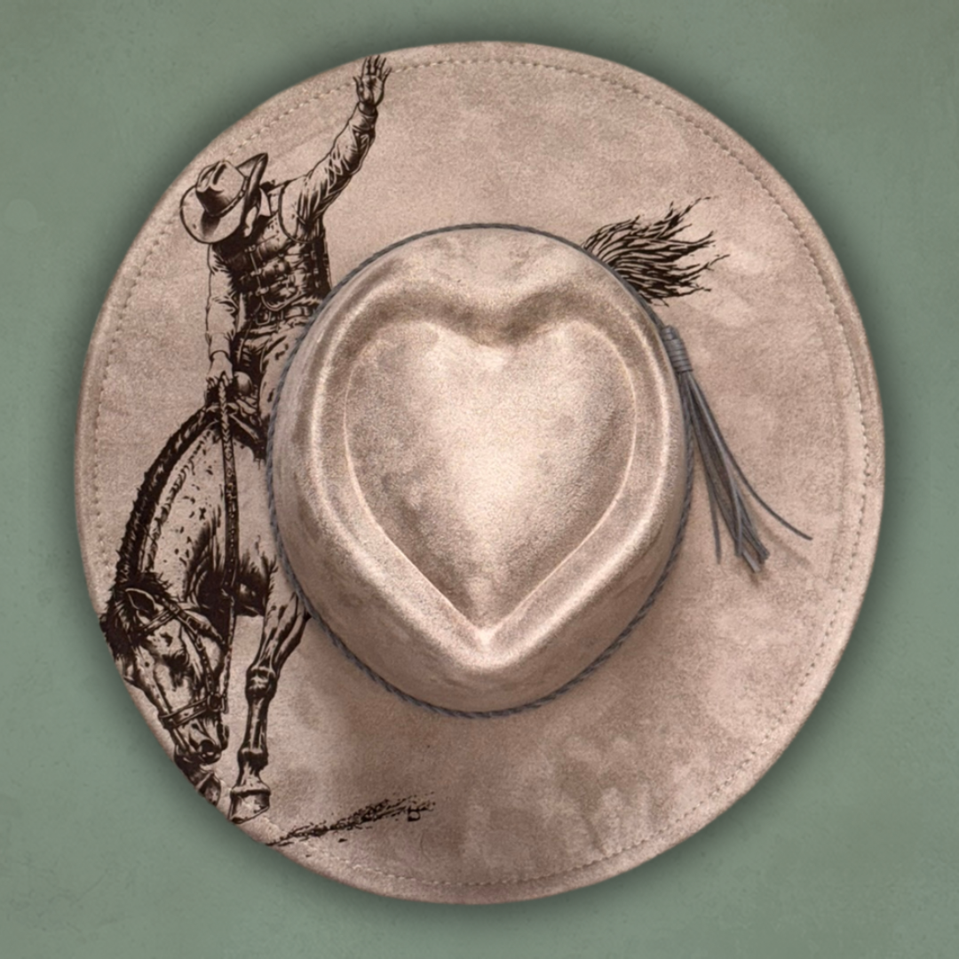 Laser Burned Wide Brim Heart Hat - Bronc Rider
