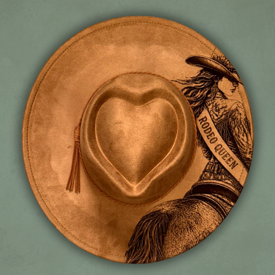 Laser Burned Wide Brim Heart Hat - Rodeo Queen