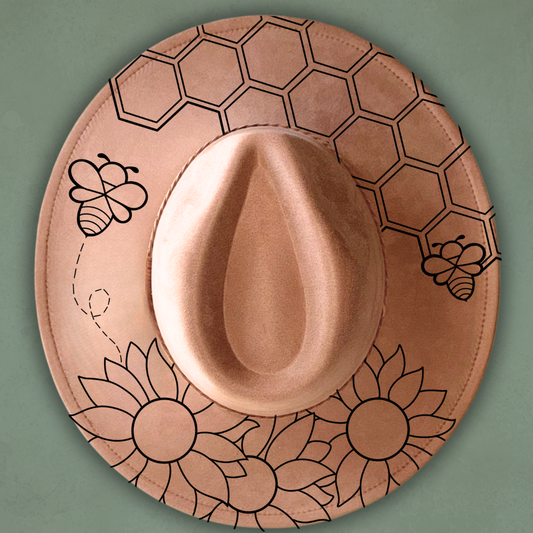 Laser Burned Wide Brim Hat - Honeybee Sunflower