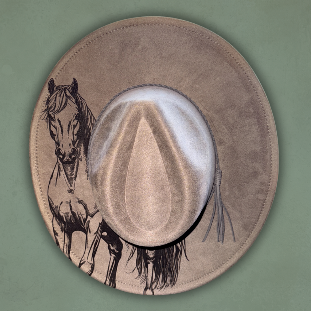 Laser Burned Wide Brim Hat - Horse