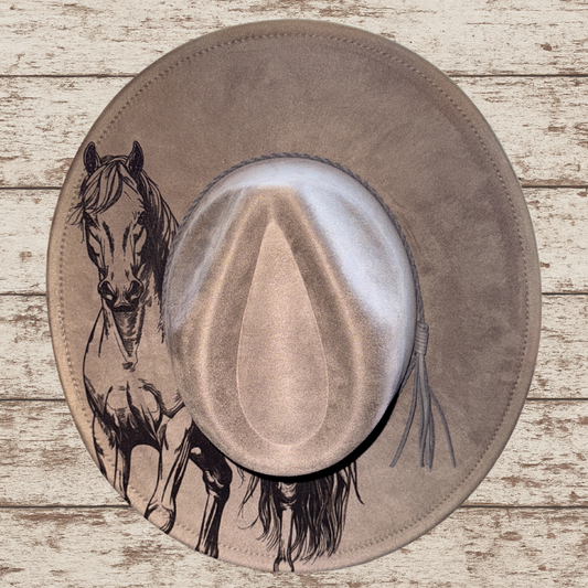 Laser Burned Wide Brim Hat - Horse