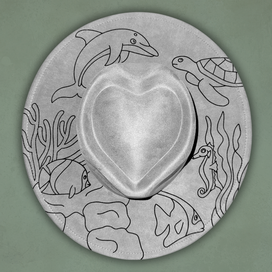 Laser Burned Wide Heart Brim Hat -Ocean Critters