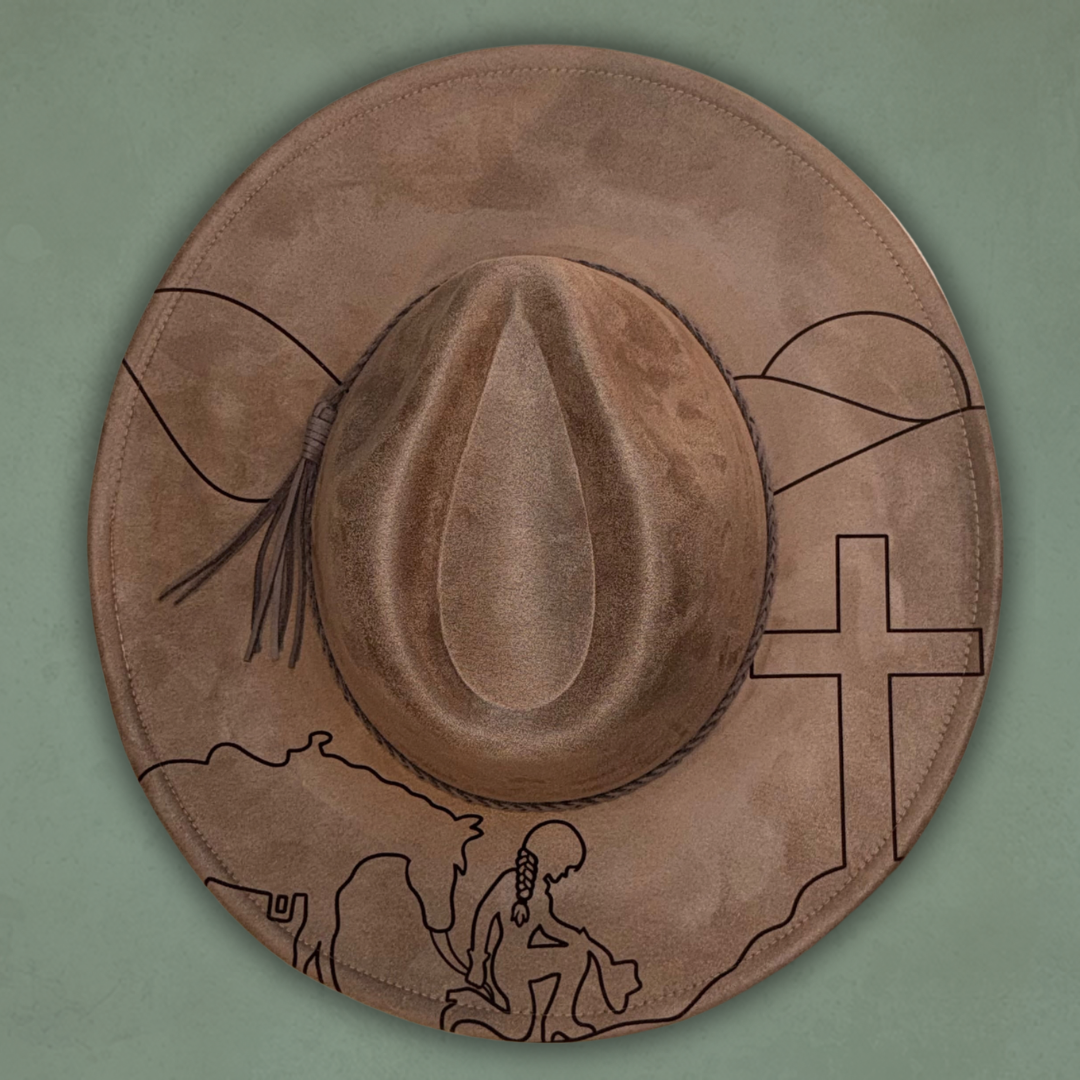 Laser Burned Wide Brim Hat - Praying Cowgirl