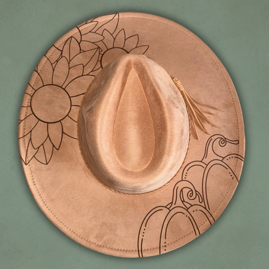 Laser Burned Wide Brim Hat - Sunflowers & Pumpkins