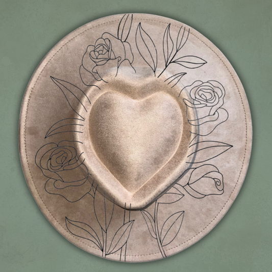Laser Burned Wide Brim Heart Hat - Roses
