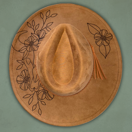Laser Burned Wide Brim Heart Crown Hat - Steer Skull