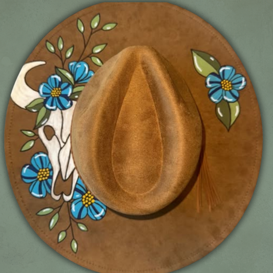 Laser Burned Wide Brim Hat - Steer Skull