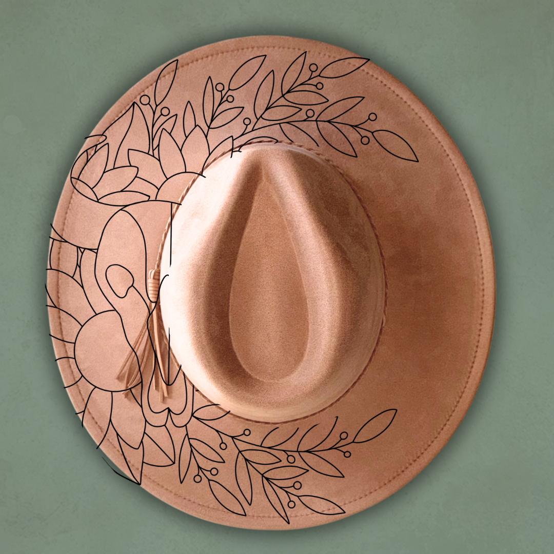 Laser Burned Wide Brim Hat - Sunflower Steer Skull