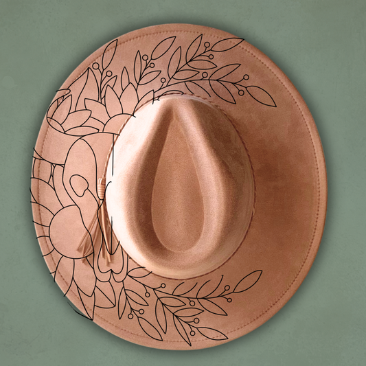 Laser Burned Wide Brim Hat - Sunflower Steer Skull