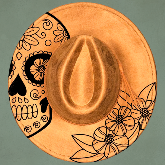 Laser Burned Wide Brim Hat - Sugar Skull