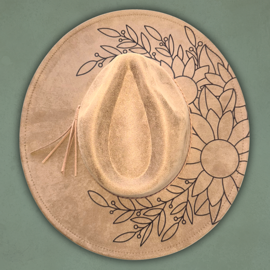 Laser Burned Wide Brim Hat - Sunflowers