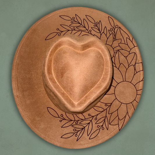 Laser Burned Wide Brim Heart Crown Hat - Sunflowers