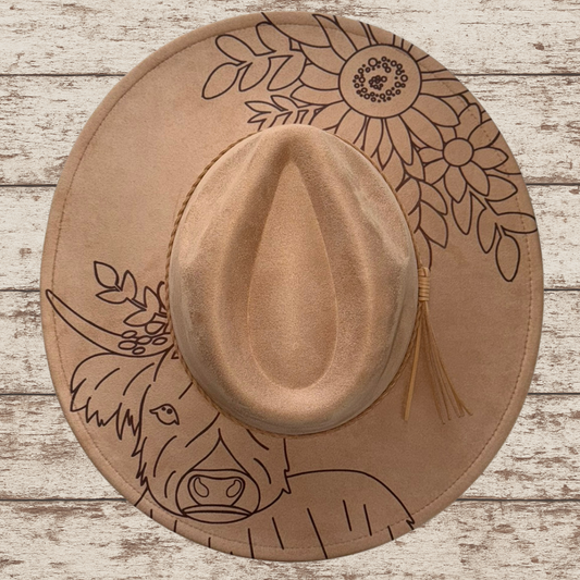 Laser Burned Wide Brim Hat - Honey Highlander