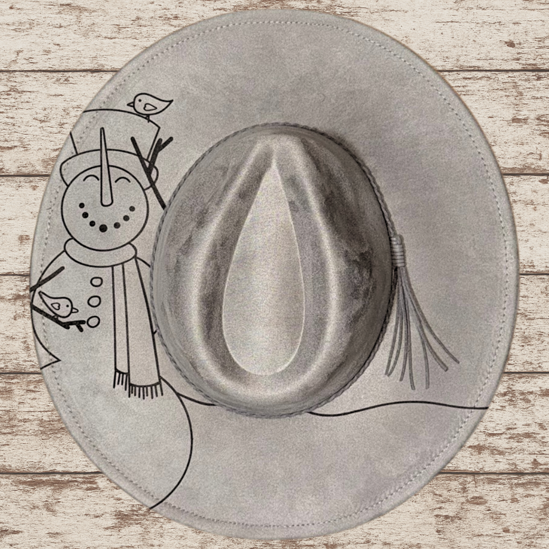Laser Burned Wide Brim Hat - Smiling Snowman
