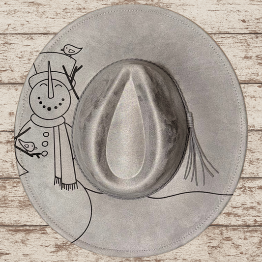 Laser Burned Wide Brim Hat - Smiling Snowman
