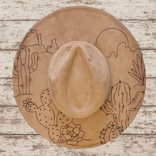 Laser Burned Wide Brim Hat - Cactus Sunset