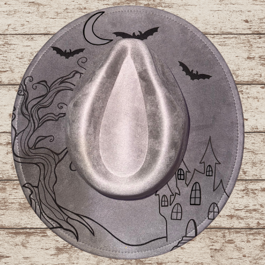Laser Burned Wide Brim Hat - Haunted House