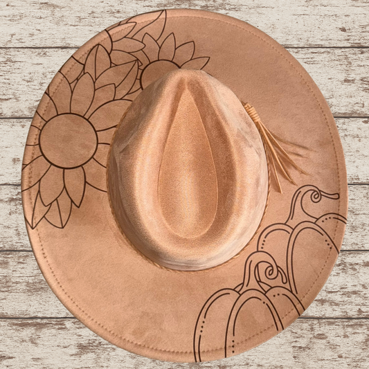 Laser Burned Wide Brim Hat - Sunflowers & Pumpkins