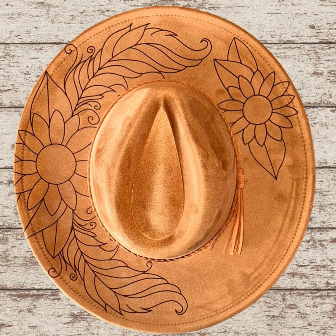 Laser Burned Wide Brim Hat - Feathers & Sunflowers