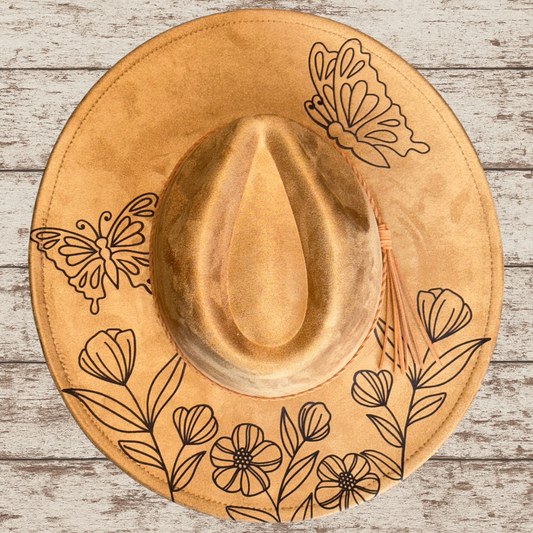 Laser Burned Wide Brim Hat - Butterflies & Flowers
